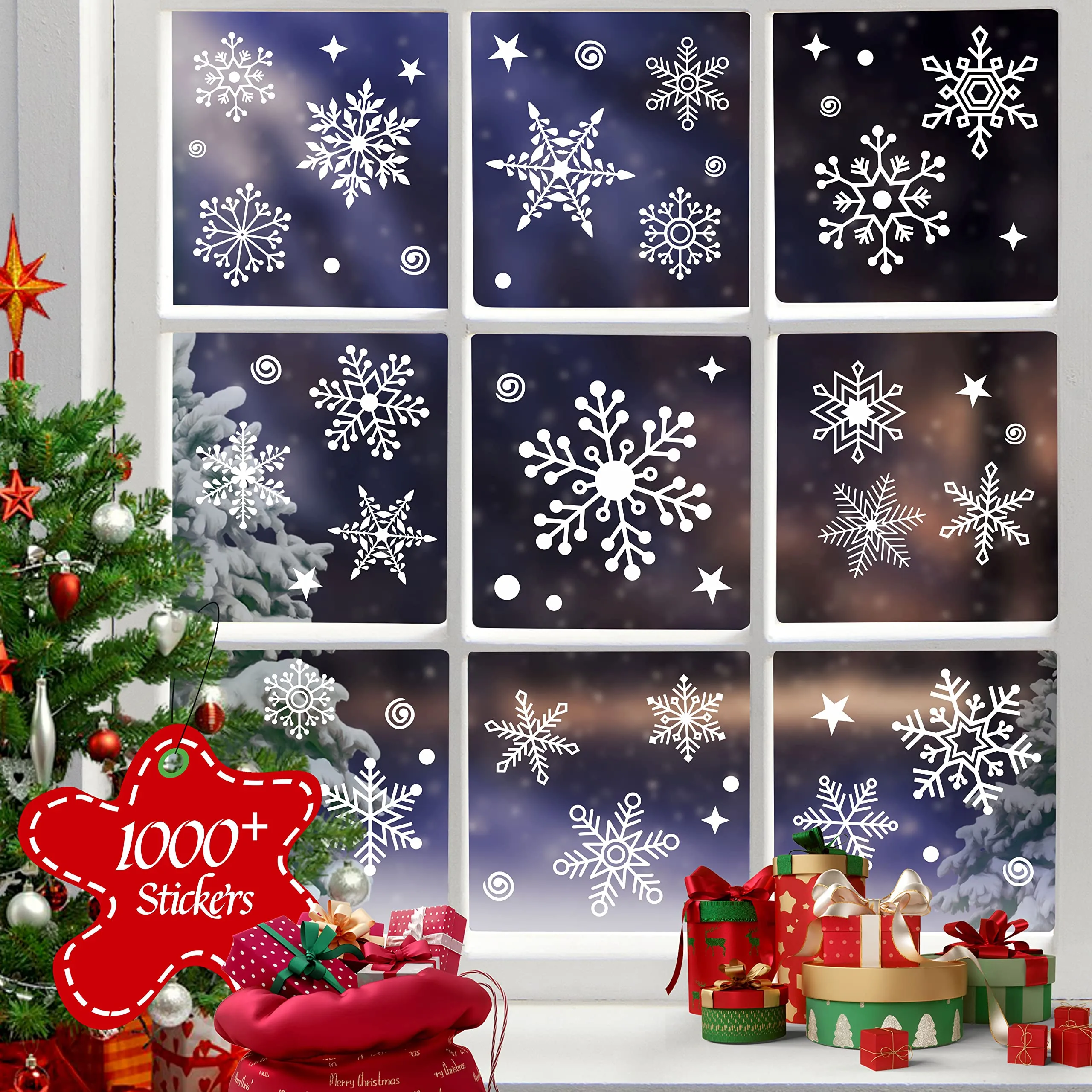 1000  Double-Sided Christmas Window Clings, 25  Designs Snowflake Static Stickers Window Decoration Xmas Ornaments Reusable Frozen Party Supplies New Year Decals for Winter Holiday