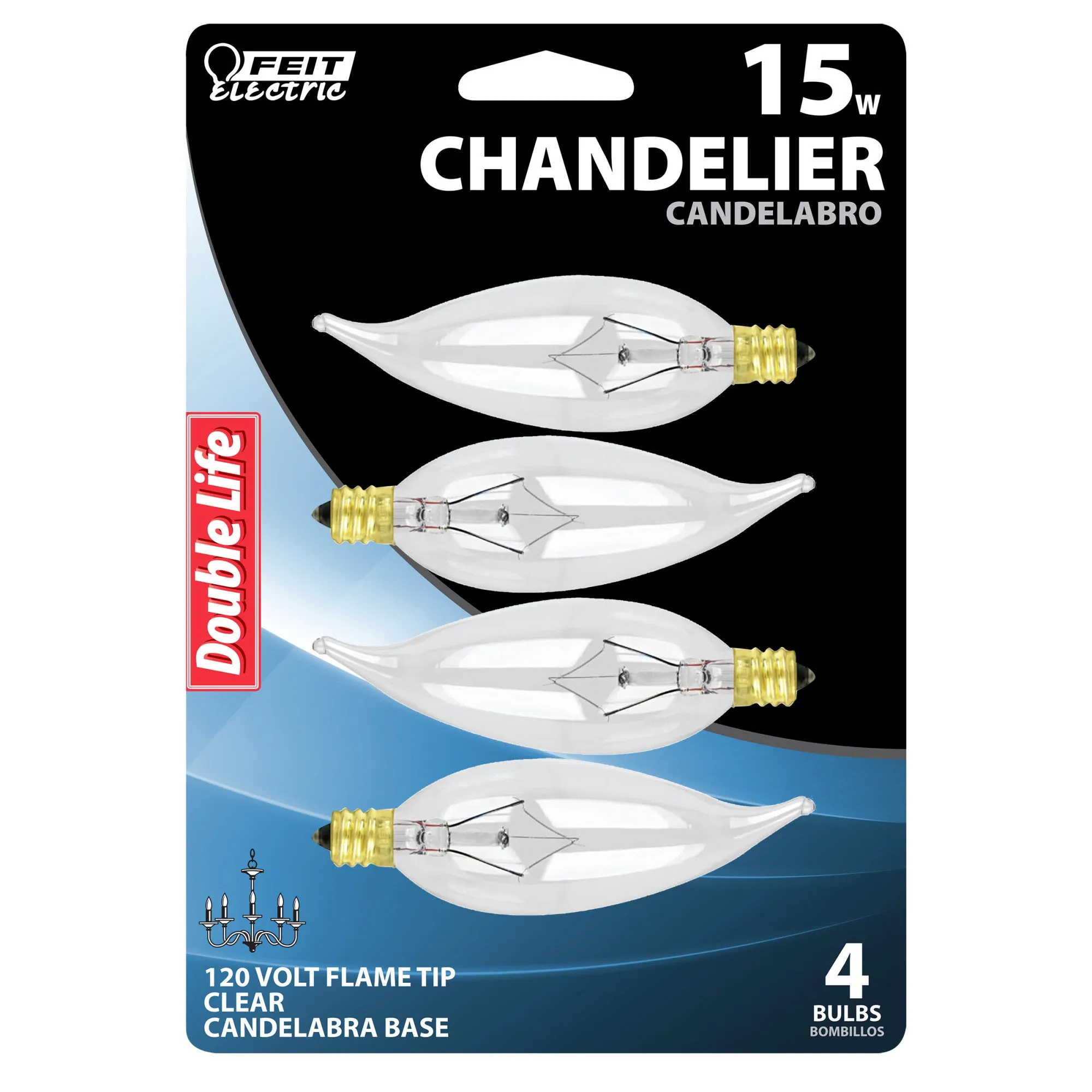 15W Soft White Dimmable B8 Clear Incandescent Flame Tip Chandelier Light Bulb (4-Pack)