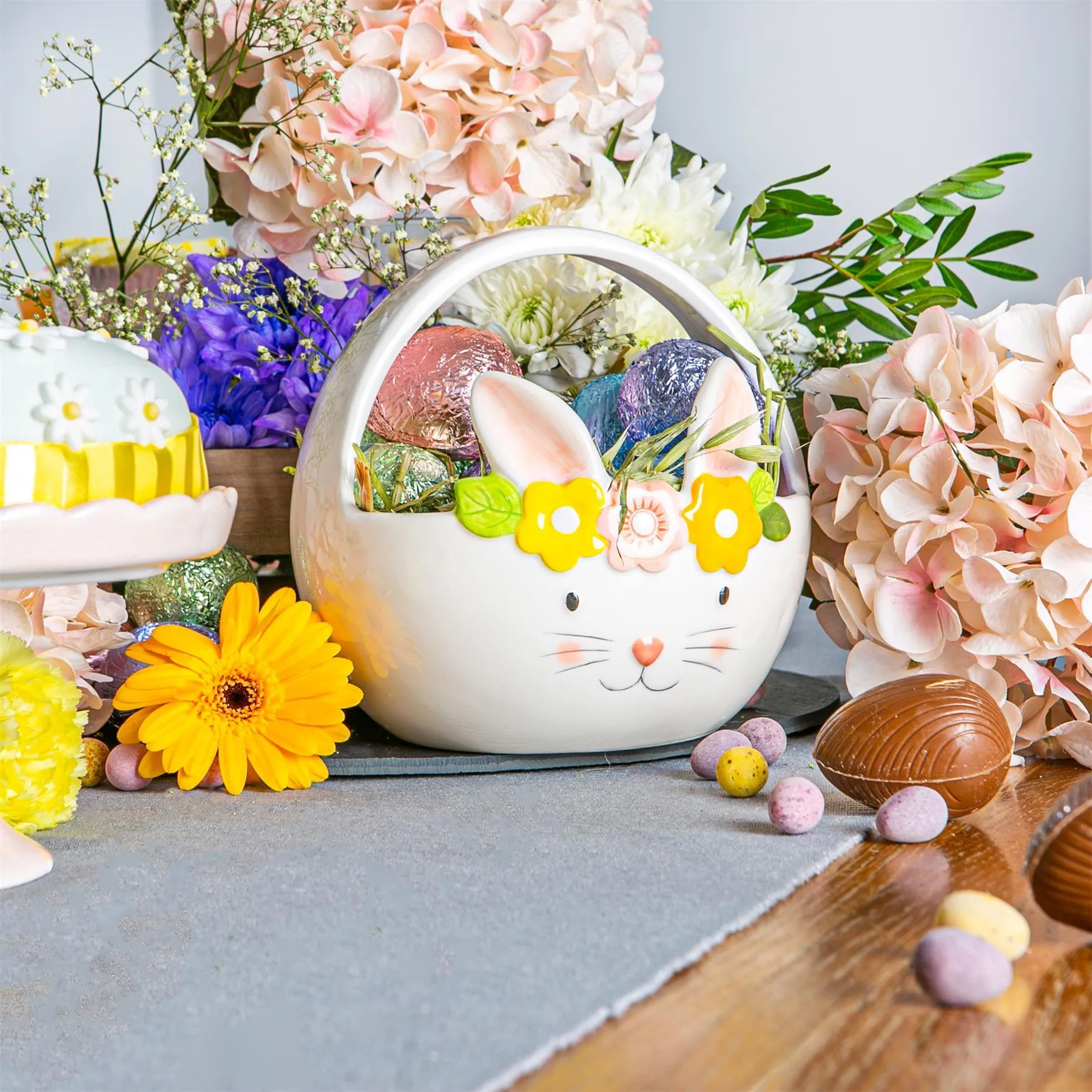 16.5cm Yellow Flower Bunny Dolomite Easter Basket - By Nicola Spring
