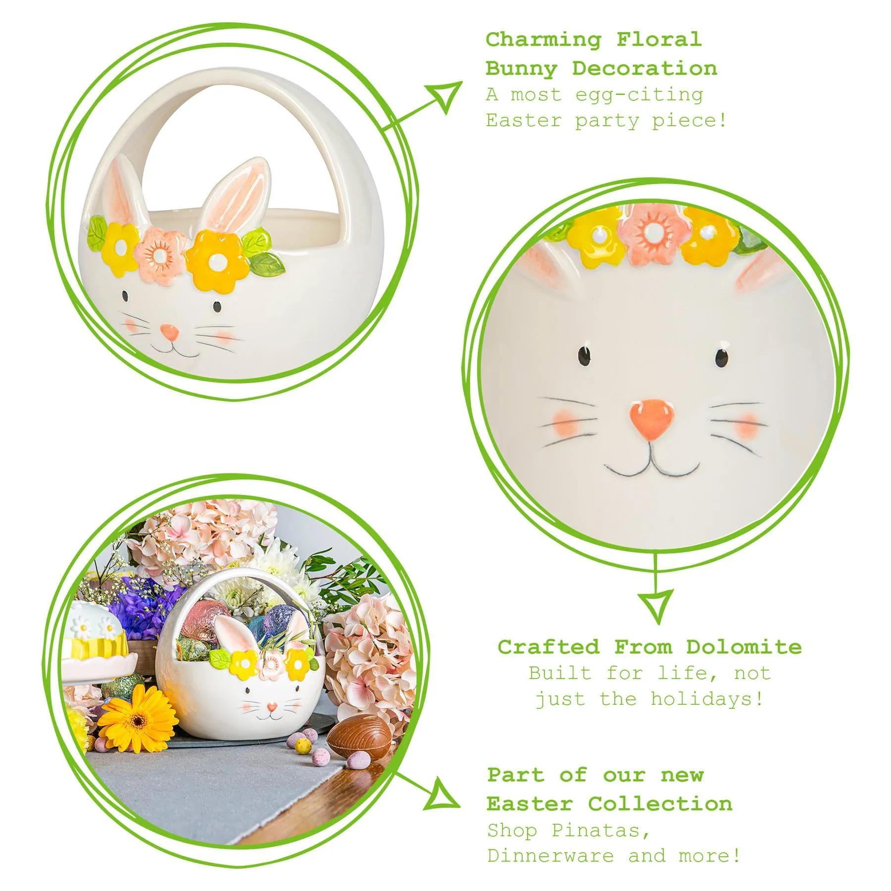 16.5cm Yellow Flower Bunny Dolomite Easter Basket - By Nicola Spring