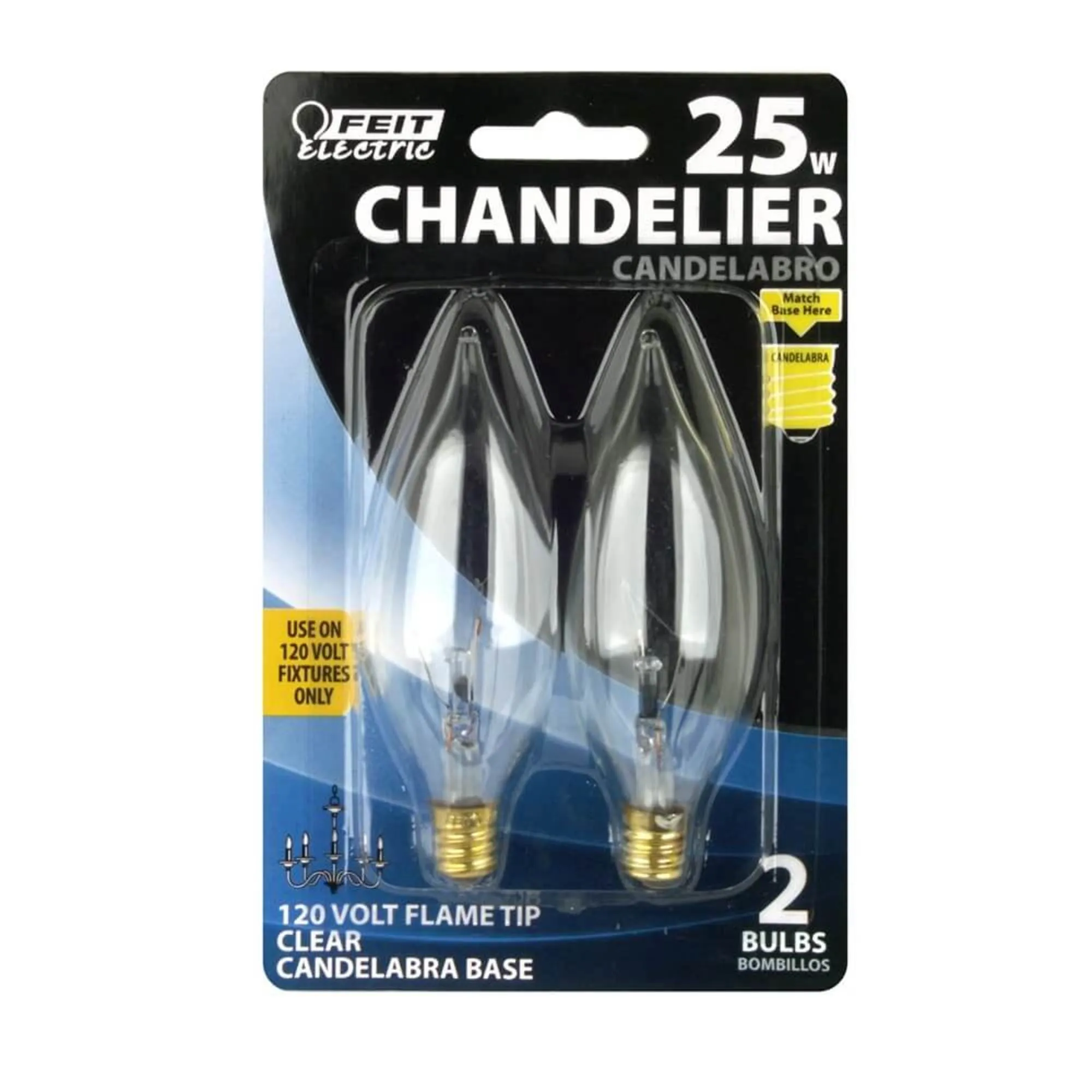 25W Soft White (2700K) E12 Base CA10 Clear Flame Tip Chandelier Dimmable  Incandescent Light Bulb (2-Pack)