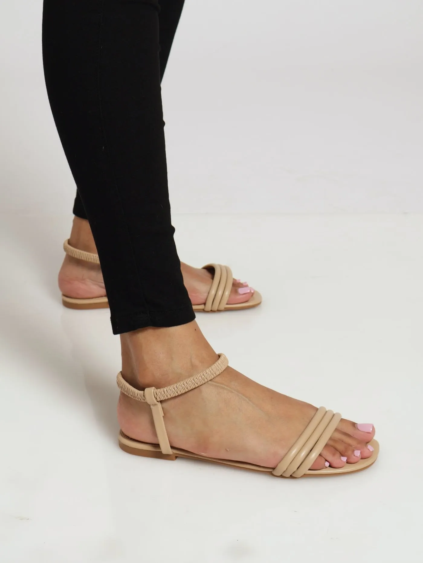 3 Strap Sandal With Elasticated Ankle Strap - Taupe