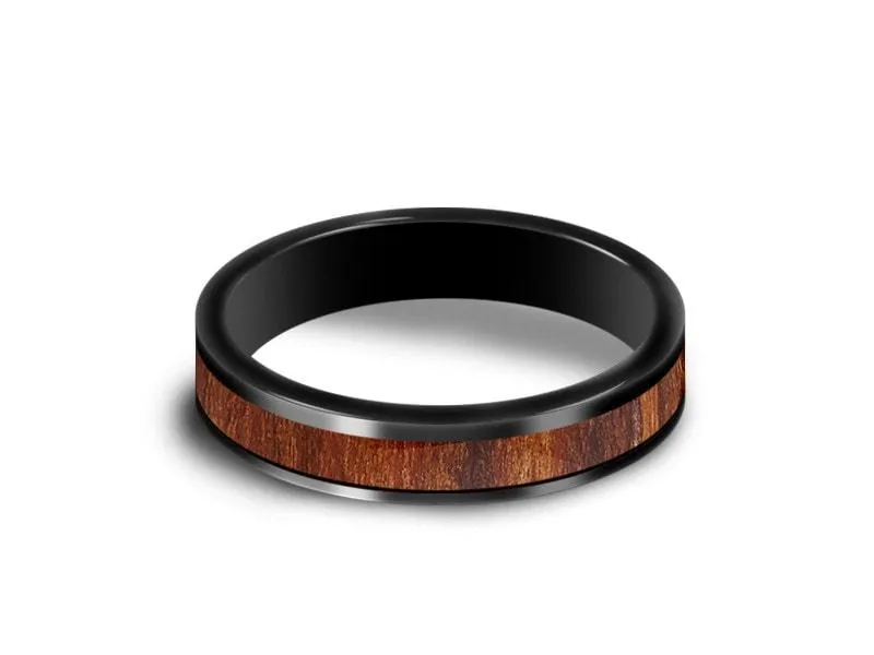 4MM BLACK CERAMIC WEDDING BAND FLAT AND HAWAIIAN KOA WOOD INLAY