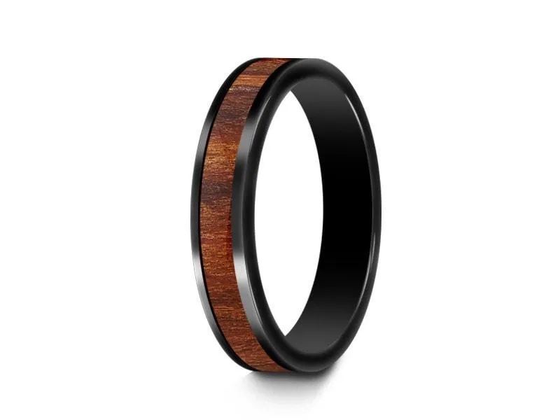 4MM BLACK CERAMIC WEDDING BAND FLAT AND HAWAIIAN KOA WOOD INLAY