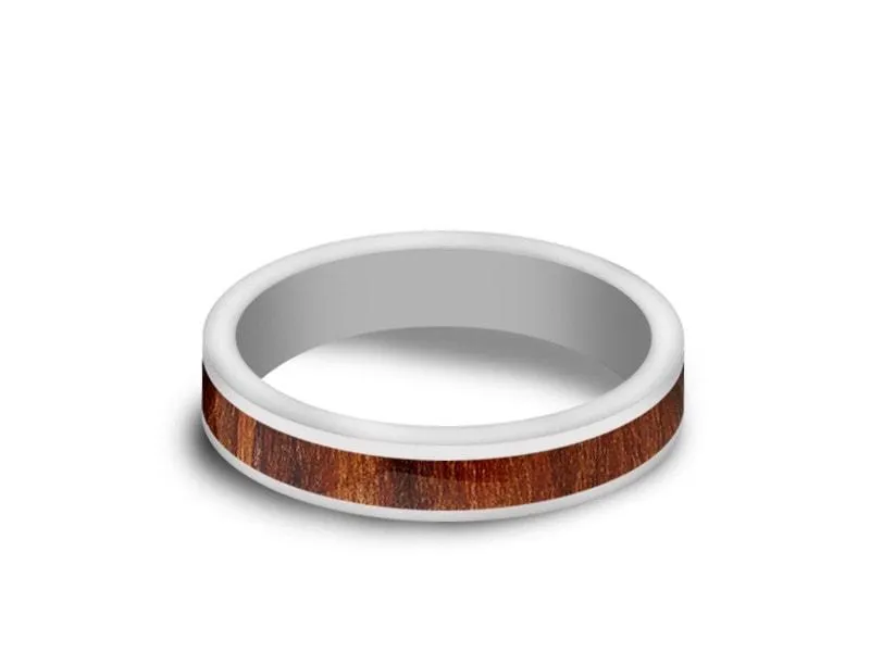 4MM WHITE CERAMIC WEDDING BAND FLAT AND HAWAIIAN KOA WOOD INLAY