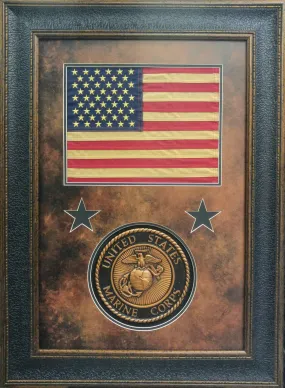 American Flag with Marine Seal Shadowbox | Real Cotton Cloth Embroidered Flag | 37L X 27W" Inches