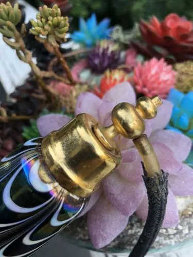 Antique Golden Crown Perfume Atomizer Colorful Iridescent Art Glass Tall Bottle