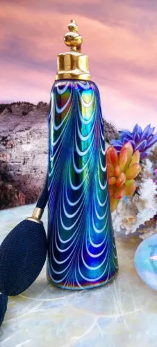 Antique Golden Crown Perfume Atomizer Colorful Iridescent Art Glass Tall Bottle