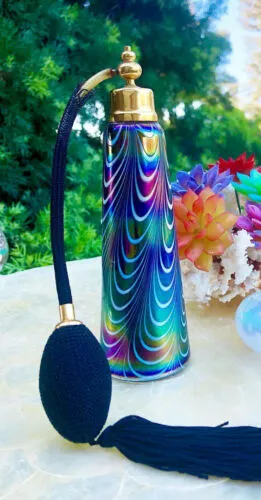 Antique Golden Crown Perfume Atomizer Colorful Iridescent Art Glass Tall Bottle