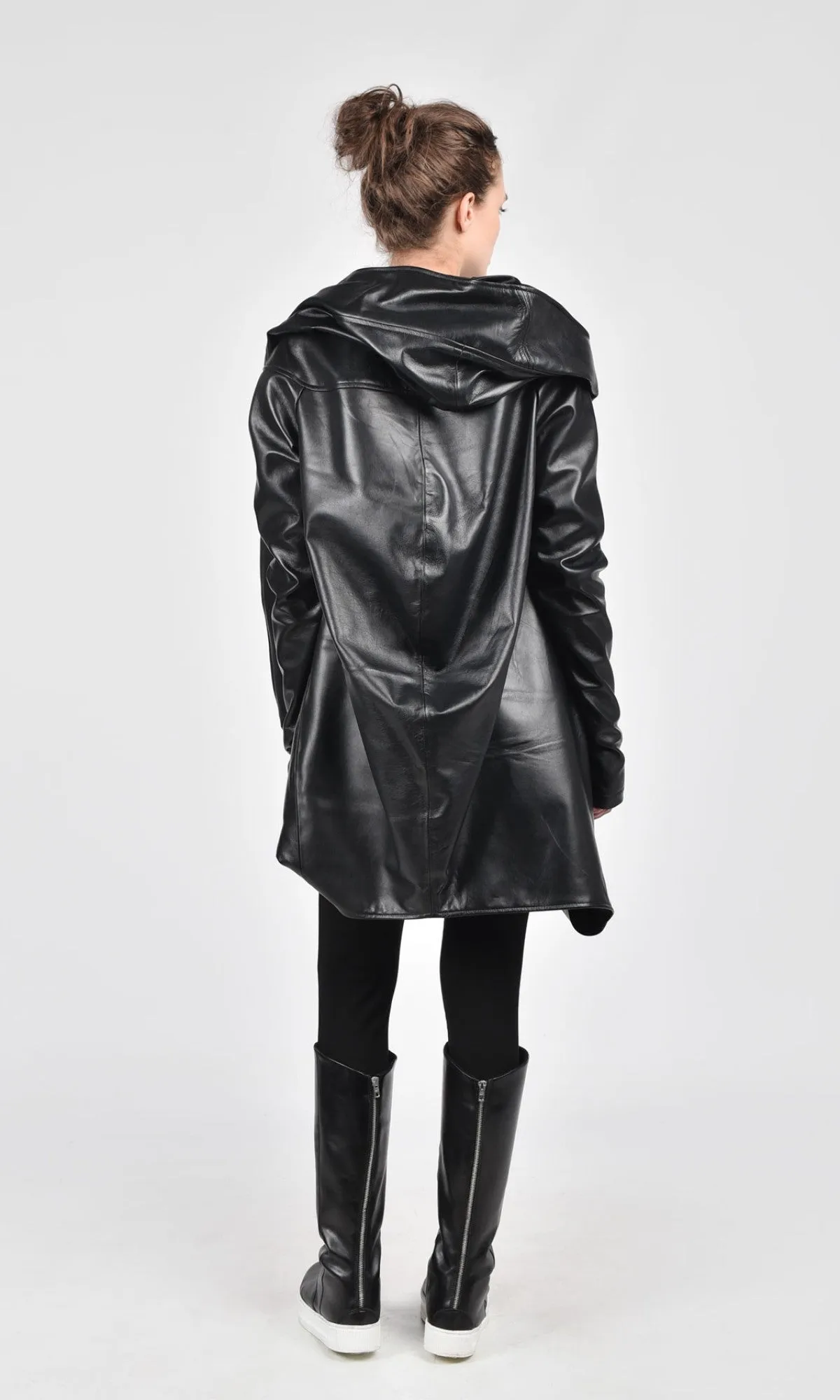 Asymmetric Genuine Leather Hooded Coat