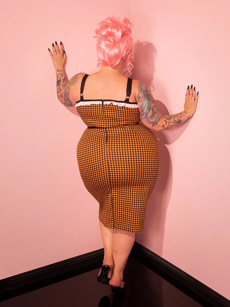 Bardot Beauty Wiggle Dress in Orange Gingham - Vixen by Micheline Pitt