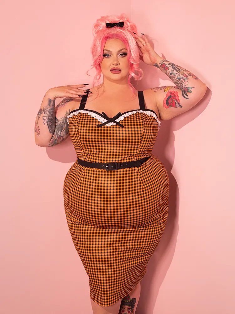 Bardot Beauty Wiggle Dress in Orange Gingham - Vixen by Micheline Pitt