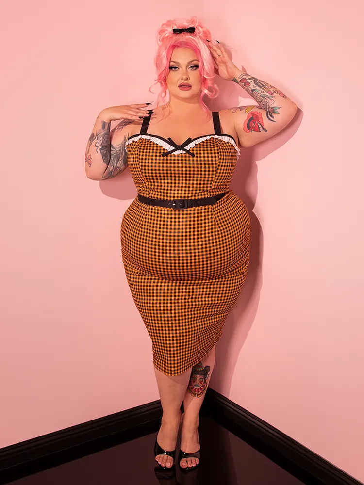 Bardot Beauty Wiggle Dress in Orange Gingham - Vixen by Micheline Pitt