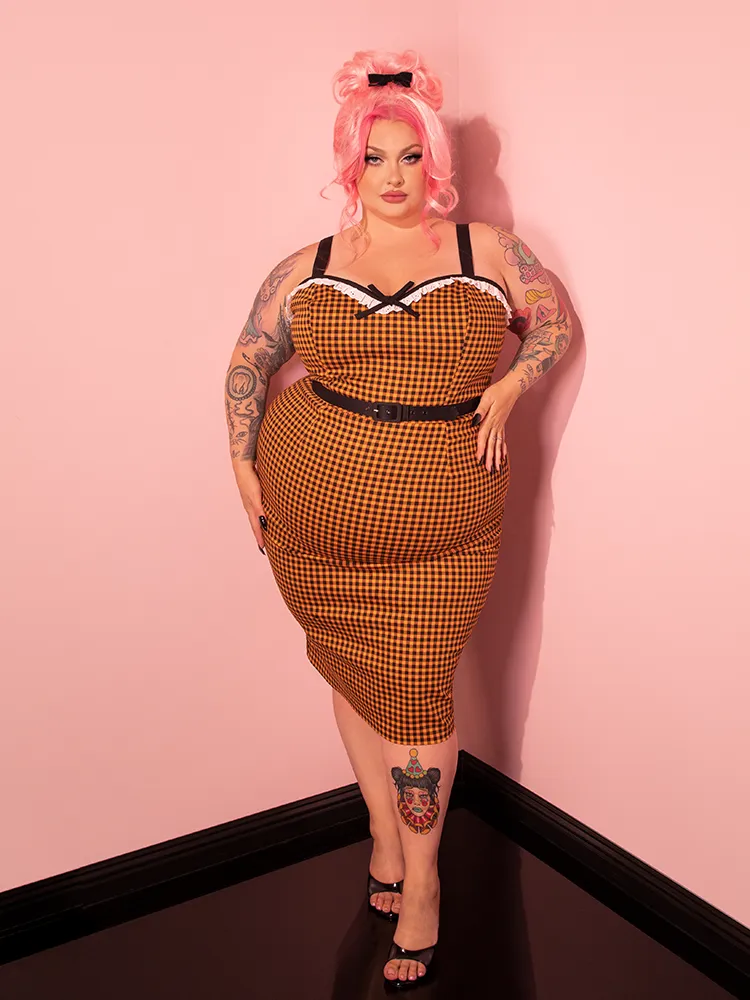 Bardot Beauty Wiggle Dress in Orange Gingham - Vixen by Micheline Pitt