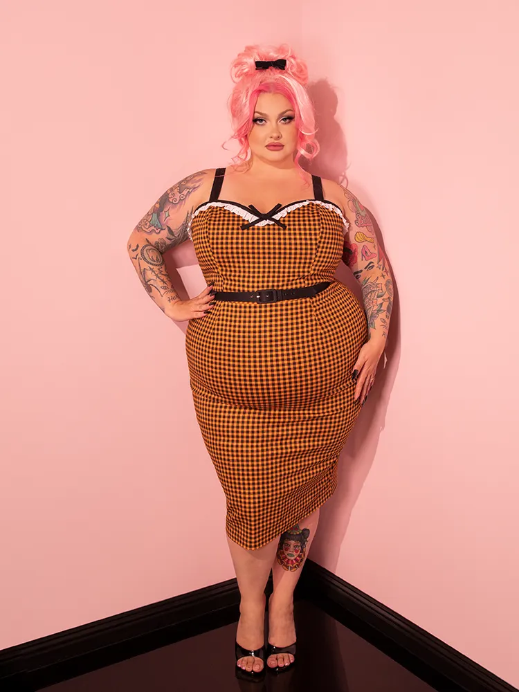 Bardot Beauty Wiggle Dress in Orange Gingham - Vixen by Micheline Pitt
