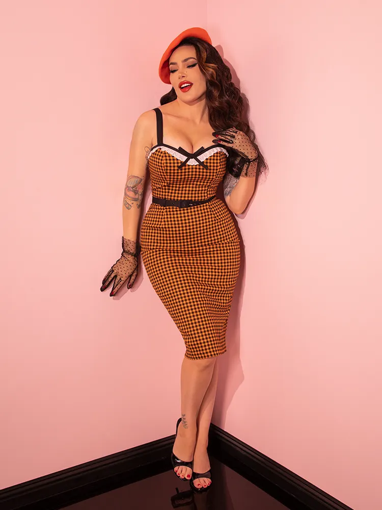 Bardot Beauty Wiggle Dress in Orange Gingham - Vixen by Micheline Pitt
