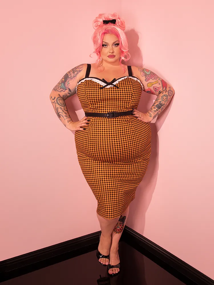 Bardot Beauty Wiggle Dress in Orange Gingham - Vixen by Micheline Pitt