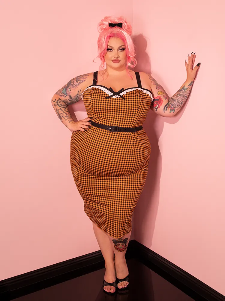 Bardot Beauty Wiggle Dress in Orange Gingham - Vixen by Micheline Pitt
