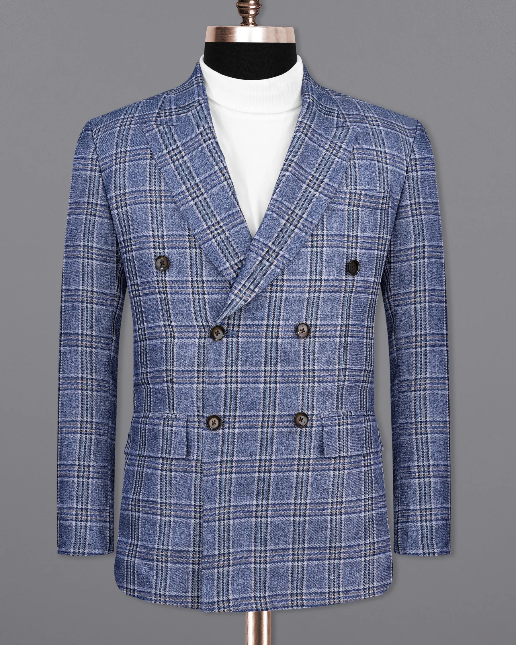 Bayoux Blue Plaid Double Breasted Blazer