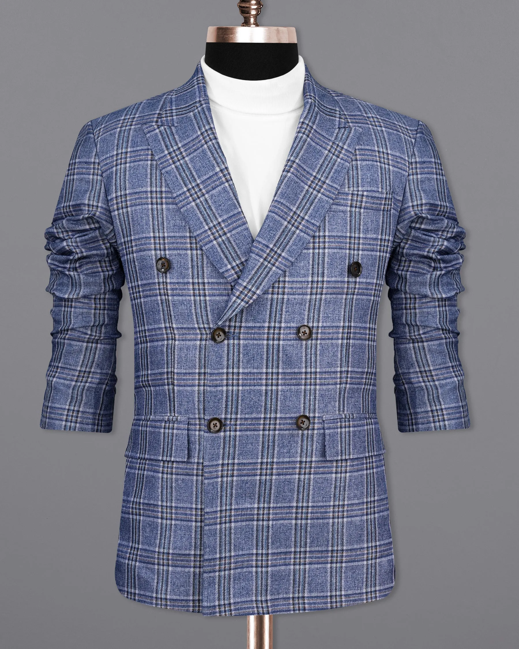 Bayoux Blue Plaid Double Breasted Blazer