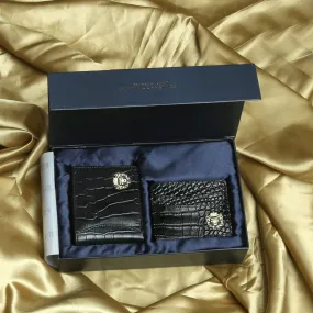 Combo of Black Croco Textured Leather Wallet and Card Holder