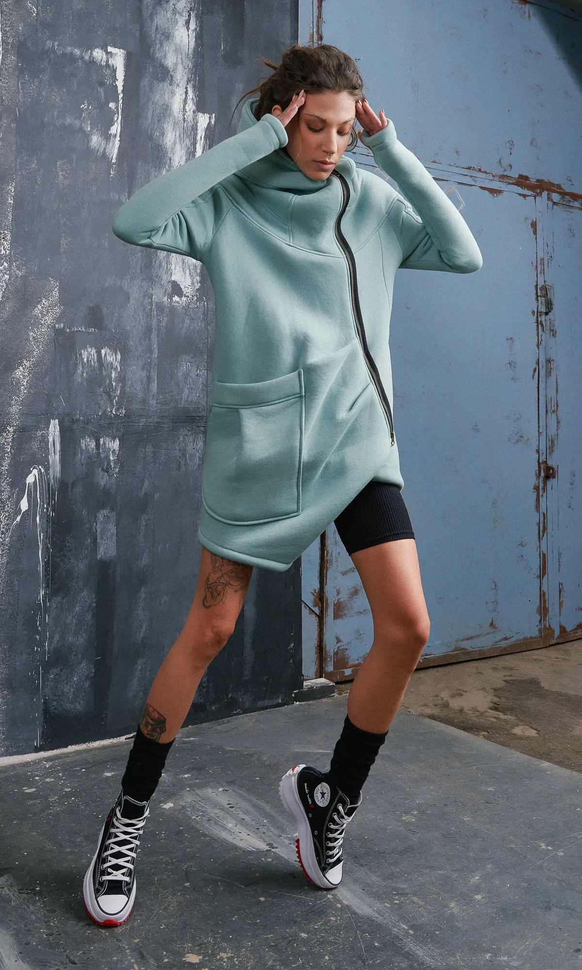Cotton Fleece Hoodie with Asymmetric Closure