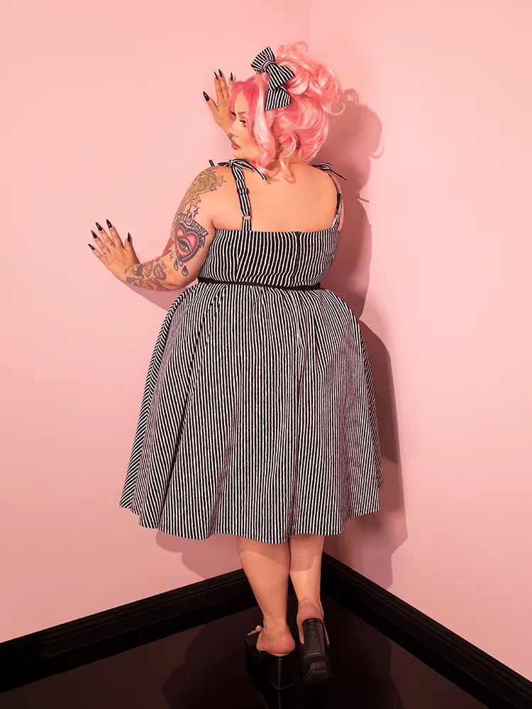 Dream House Swing Dress and Matching Hair Bow in Halloween Thin Black and White Stripes - Vixen by Micheline Pitt