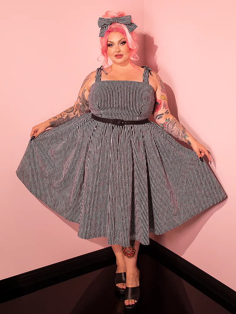 Dream House Swing Dress and Matching Hair Bow in Halloween Thin Black and White Stripes - Vixen by Micheline Pitt