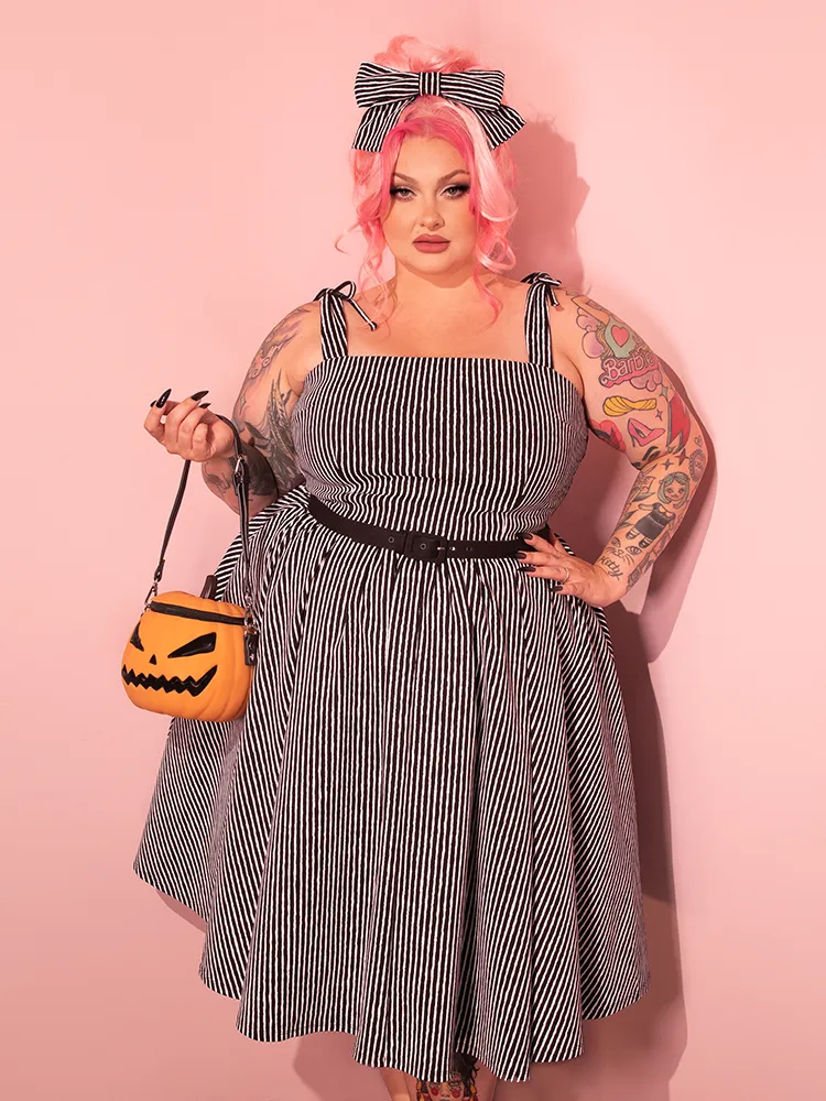 Dream House Swing Dress and Matching Hair Bow in Halloween Thin Black and White Stripes - Vixen by Micheline Pitt