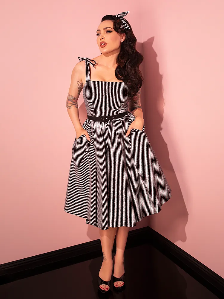 Dream House Swing Dress and Matching Hair Bow in Halloween Thin Black and White Stripes - Vixen by Micheline Pitt