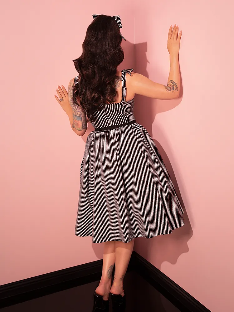 Dream House Swing Dress and Matching Hair Bow in Halloween Thin Black and White Stripes - Vixen by Micheline Pitt