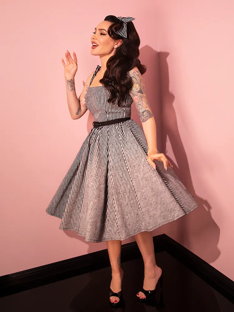Dream House Swing Dress and Matching Hair Bow in Halloween Thin Black and White Stripes - Vixen by Micheline Pitt