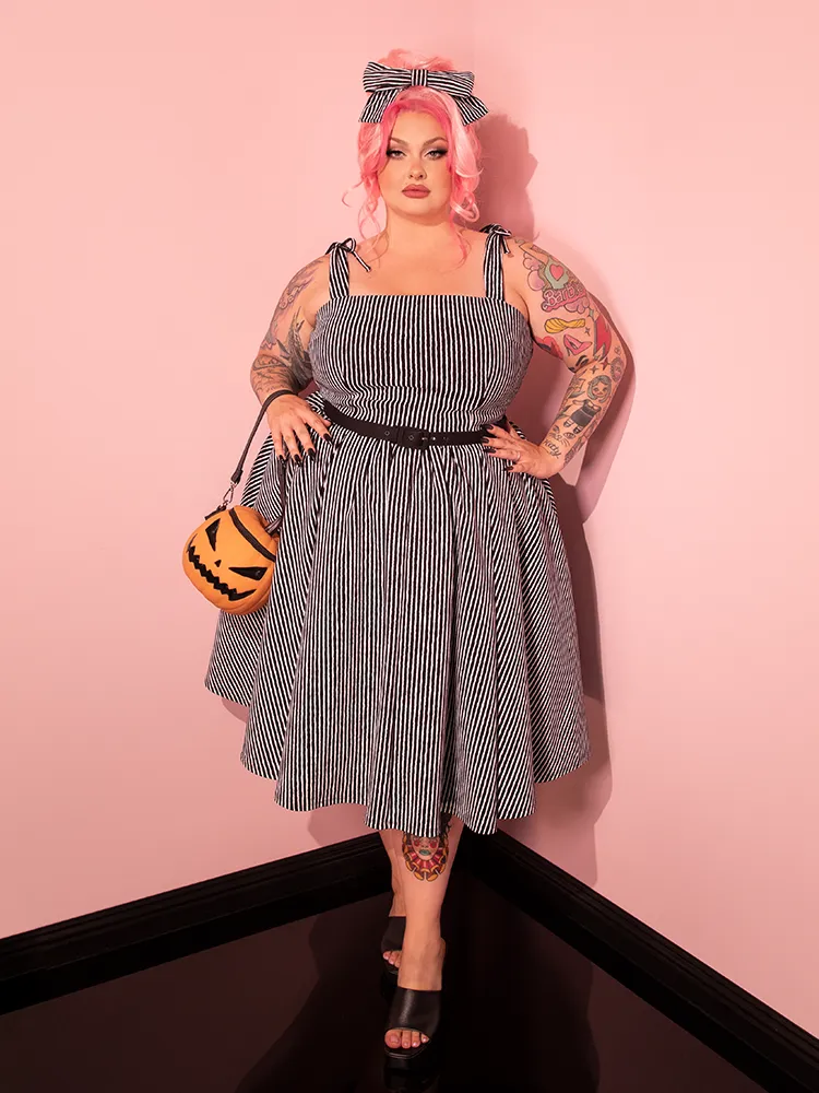 Dream House Swing Dress and Matching Hair Bow in Halloween Thin Black and White Stripes - Vixen by Micheline Pitt