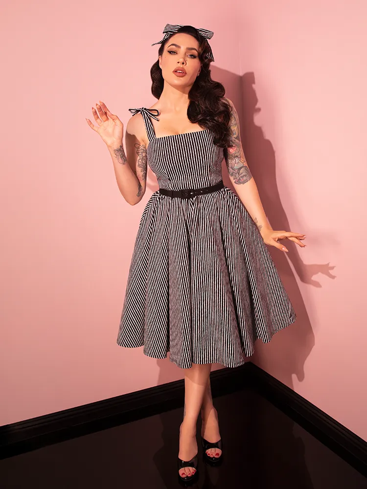 Dream House Swing Dress and Matching Hair Bow in Halloween Thin Black and White Stripes - Vixen by Micheline Pitt
