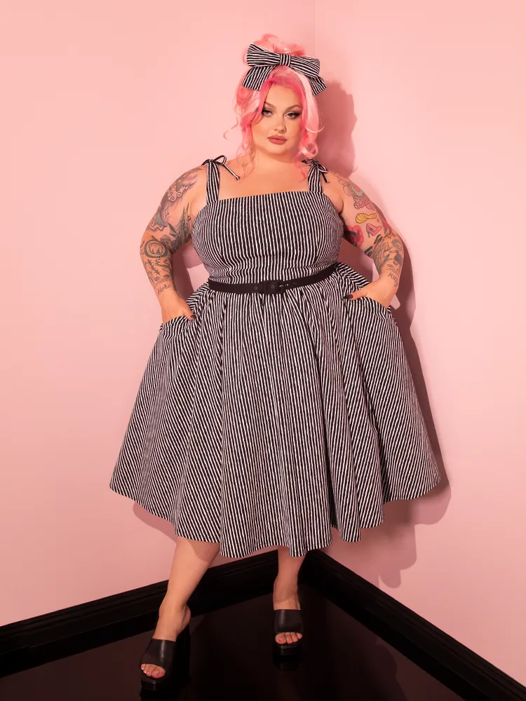 Dream House Swing Dress and Matching Hair Bow in Halloween Thin Black and White Stripes - Vixen by Micheline Pitt