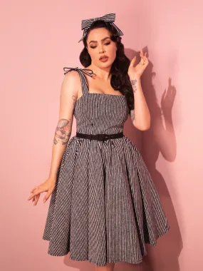 Dream House Swing Dress and Matching Hair Bow in Halloween Thin Black and White Stripes - Vixen by Micheline Pitt
