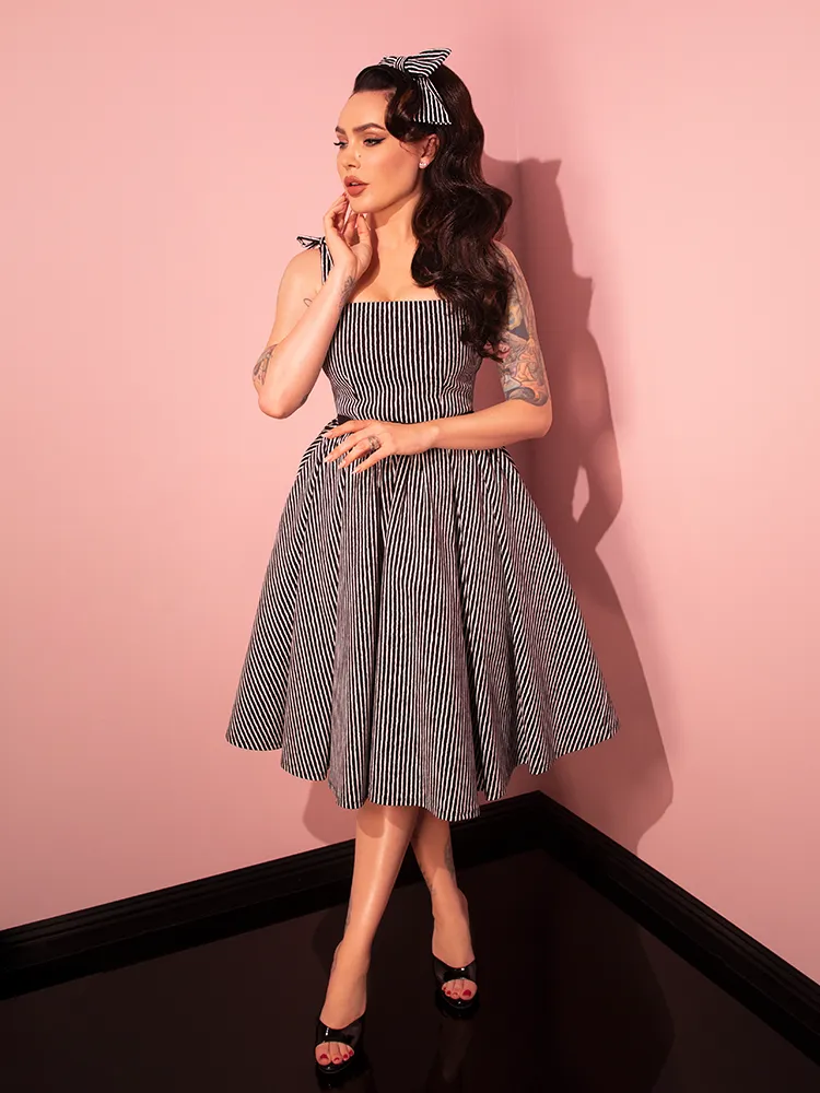 Dream House Swing Dress and Matching Hair Bow in Halloween Thin Black and White Stripes - Vixen by Micheline Pitt