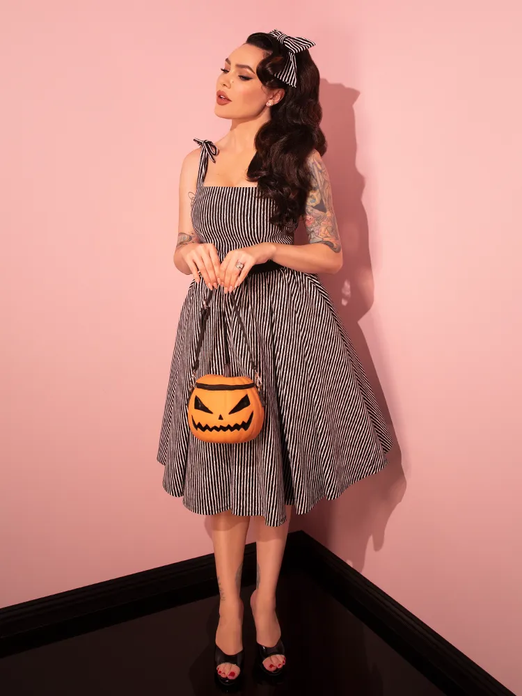Dream House Swing Dress and Matching Hair Bow in Halloween Thin Black and White Stripes - Vixen by Micheline Pitt