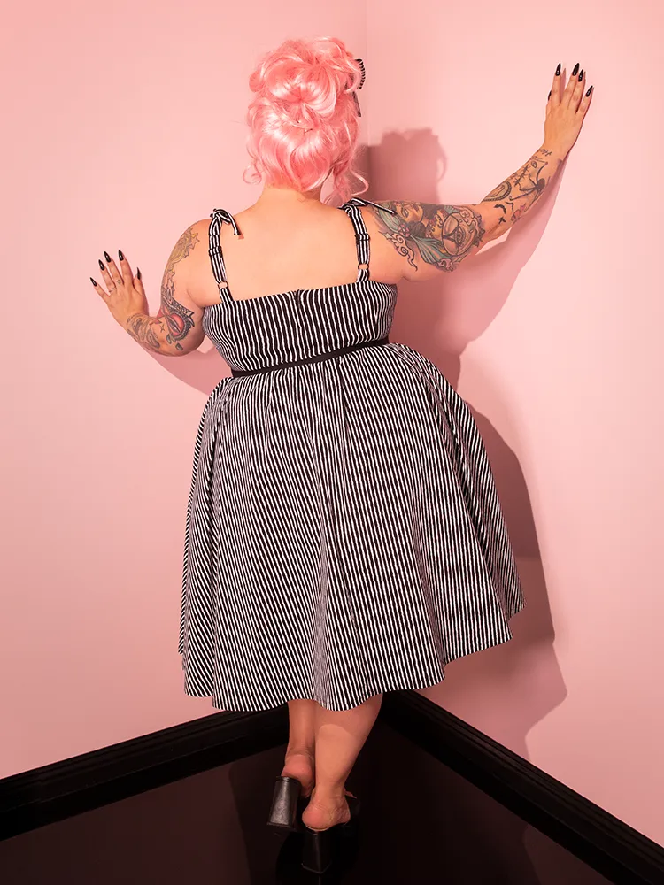 Dream House Swing Dress and Matching Hair Bow in Halloween Thin Black and White Stripes - Vixen by Micheline Pitt