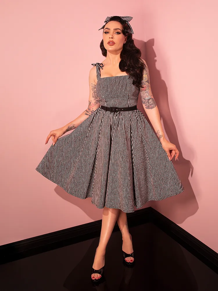 Dream House Swing Dress and Matching Hair Bow in Halloween Thin Black and White Stripes - Vixen by Micheline Pitt