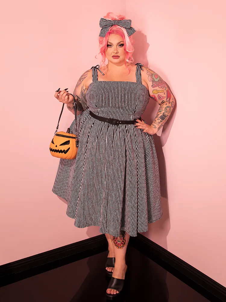 Dream House Swing Dress and Matching Hair Bow in Halloween Thin Black and White Stripes - Vixen by Micheline Pitt