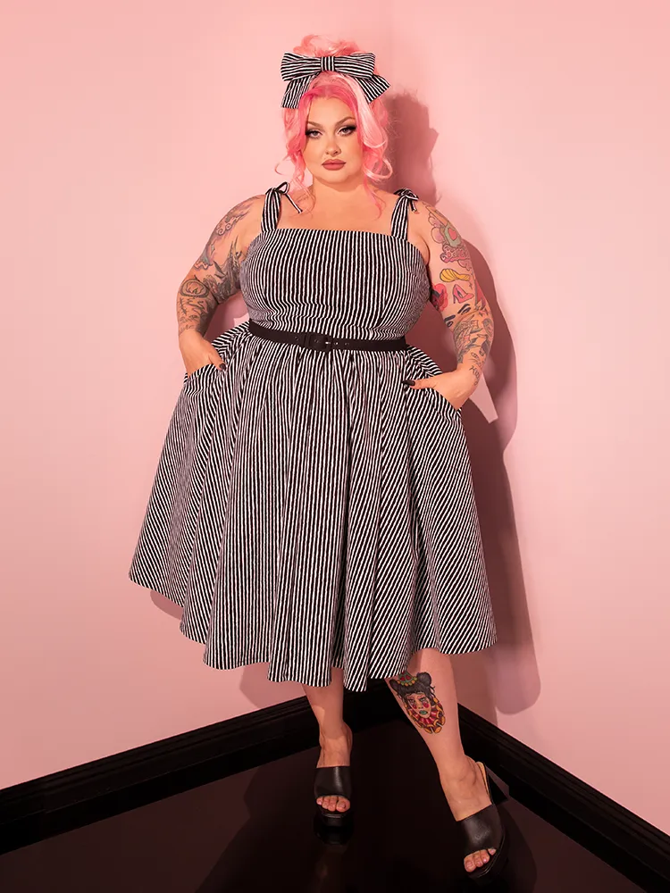Dream House Swing Dress and Matching Hair Bow in Halloween Thin Black and White Stripes - Vixen by Micheline Pitt