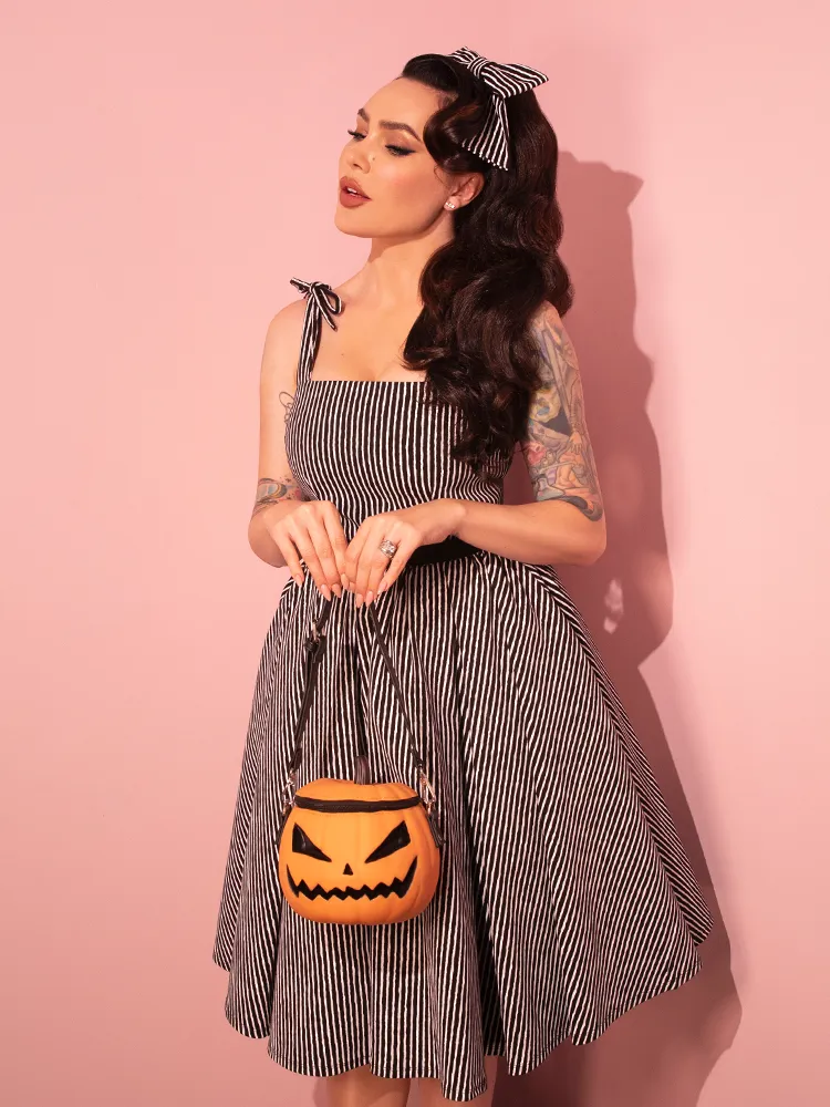 Dream House Swing Dress and Matching Hair Bow in Halloween Thin Black and White Stripes - Vixen by Micheline Pitt