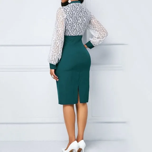 Elegant Women Lace Puff Sleeve Bodycon Dress