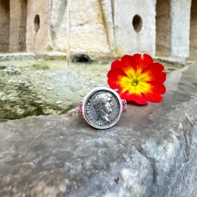 EMPEROR HADRIAN Authentic Ancient Roman Coin 2nd cent.AD Silver and Rubies Ring