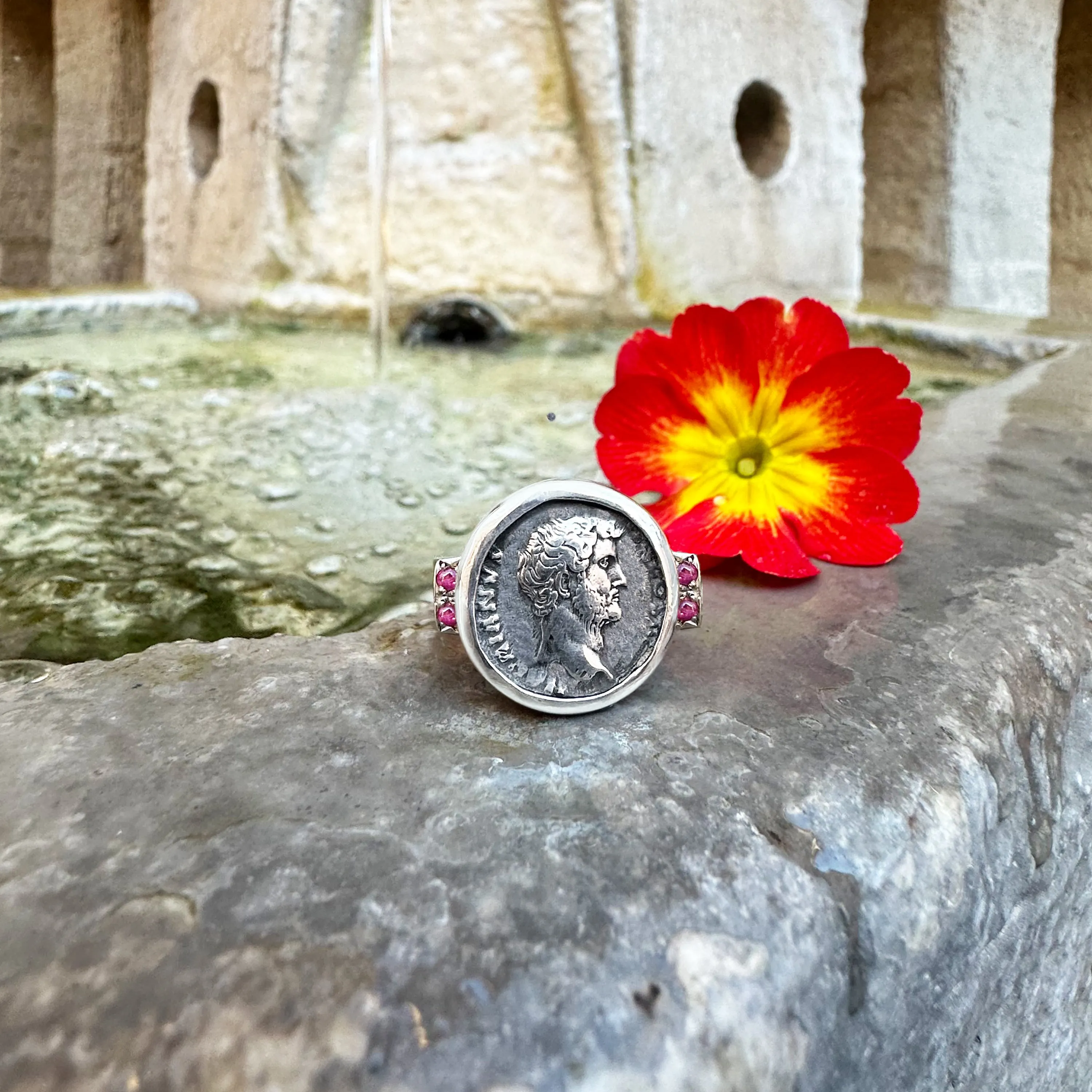 EMPEROR HADRIAN Authentic Ancient Roman Coin 2nd cent.AD Silver and Rubies Ring