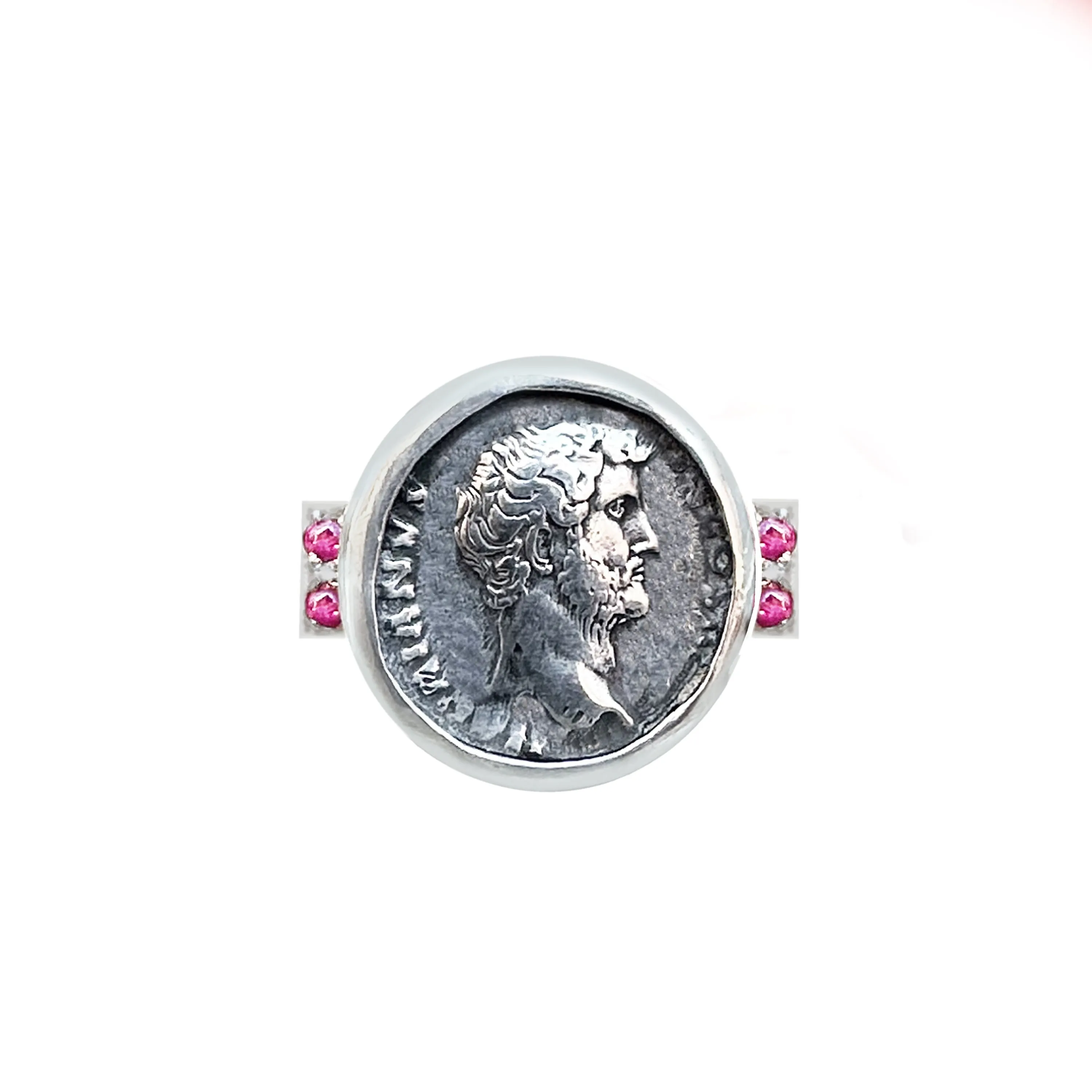 EMPEROR HADRIAN Authentic Ancient Roman Coin 2nd cent.AD Silver and Rubies Ring