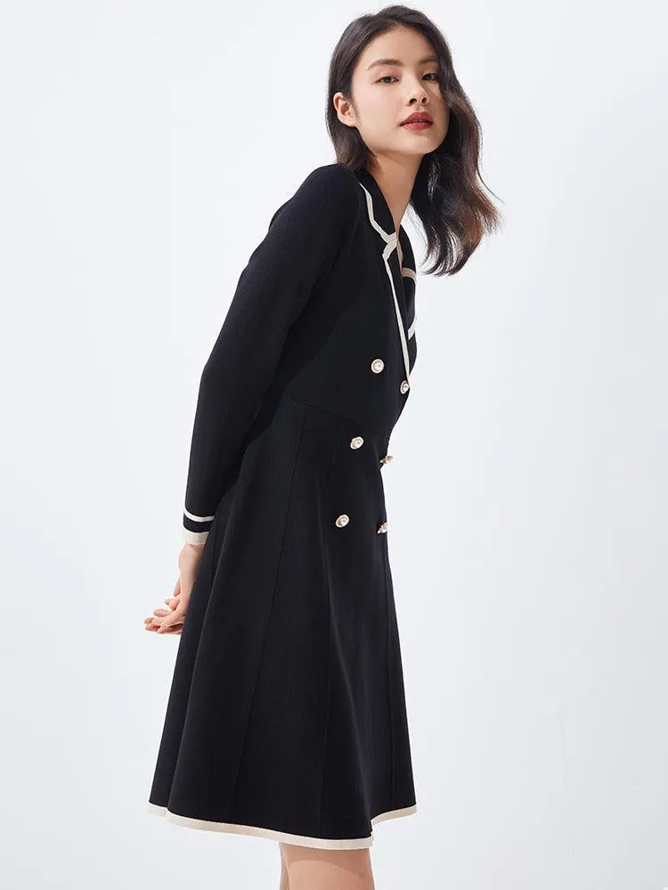 Fitted A-line Double-Breasted Lapel Dress