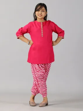 Girls 3/4Th Sleeve Short Kurta & Jodhpuri Pant Set