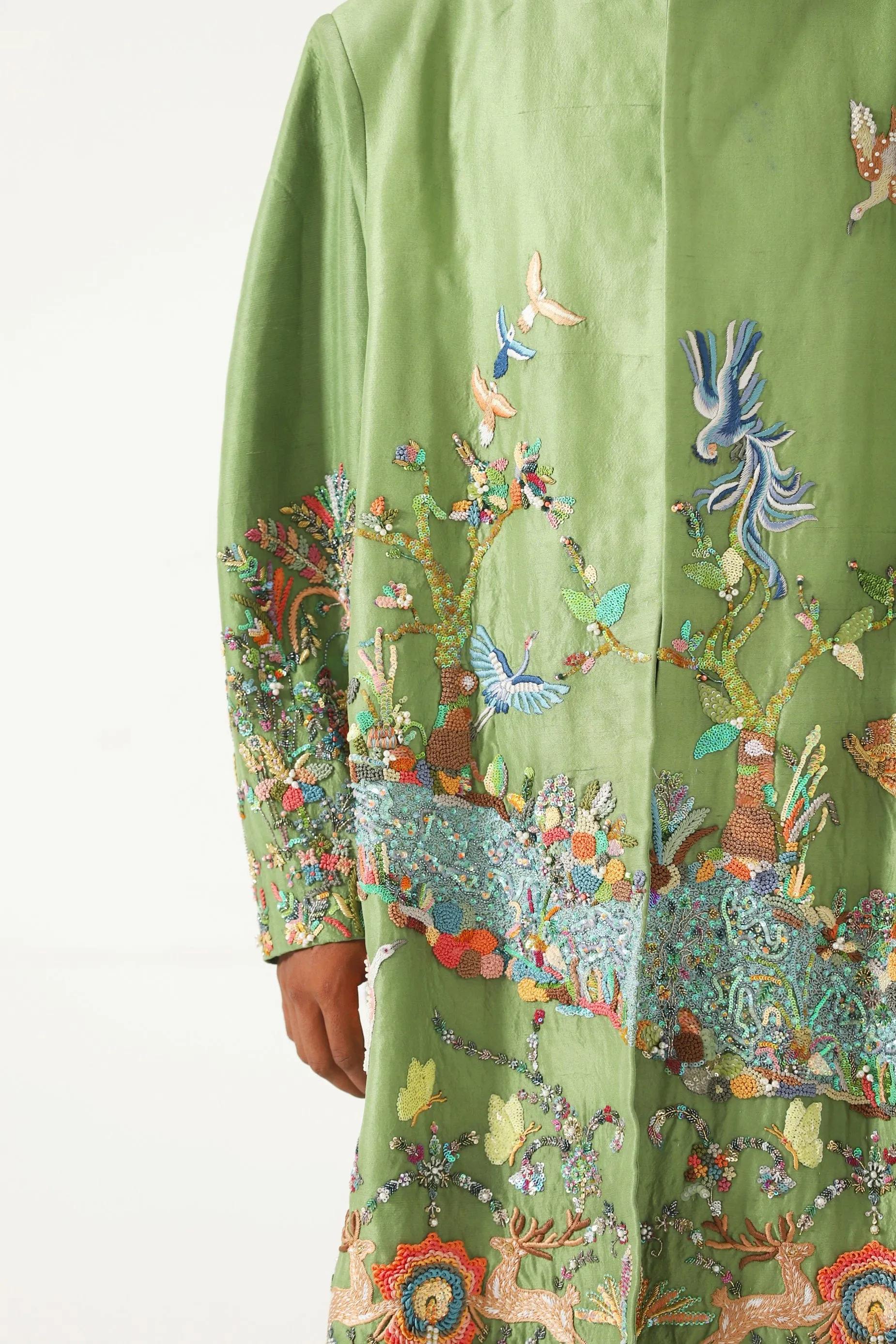HAND EMBROIDERED EMERALD SILK LONG COAT